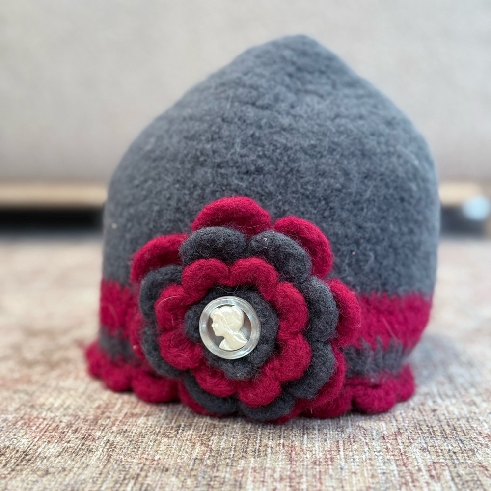 Gray and Red Women’s Wool Hat with Flower Accent